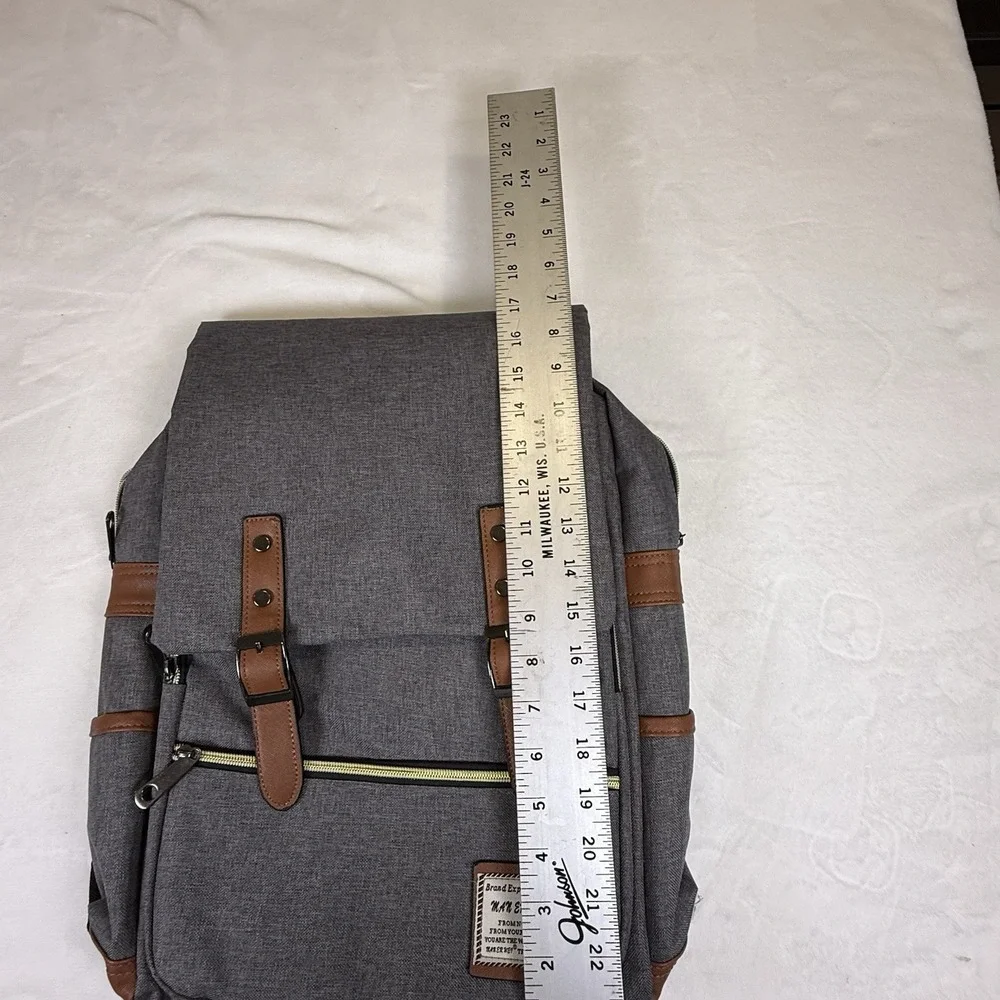 Gray Canvas Laptop Backpack Travel School Book Bag Faux Leather Trim‎